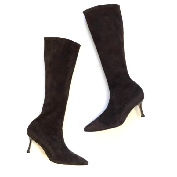 Manolo Blahnik Pamfilo Suede Boots Womens 38.5 Brown Stiletto Tall Heels Heeled - Picture 3 of 15